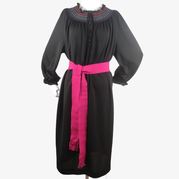 Vintage 1970s 80s Black Mexican Folk Dress Rainbow Smocking Cotton Gauze BOHO Br - Picture 2 of 16
